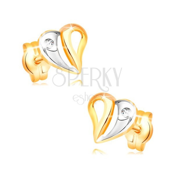Brilliant earrings made of yellow and white 14K gold - heart with cutouts and diamond