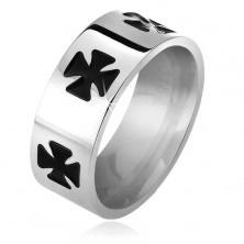 Ring made of 316L steel, black glazed Maltese cross, 6 mm