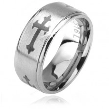 Matt ring made of 316L steel, Fleur de lis cross, shiny lowered borders, 6 mm