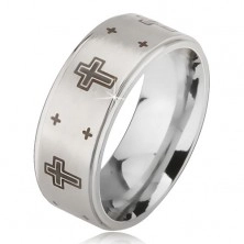 Ring made of 316L steel with matt centre and imprint of cross, silver colour, 6 mm