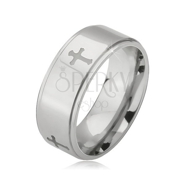 Steel ring in silver colour, engraved crosses and lowered borders, 6 mm