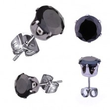 Steel earrings in silver hue, black round zircon, 5 mm