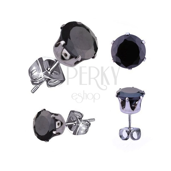 Steel earrings in silver hue, black round zircon, 5 mm