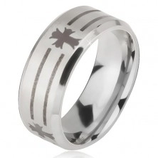 Ring made of 316L steel in silver colour, imprint of strips and crosses, 6 mm
