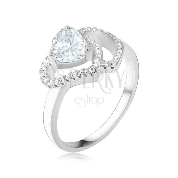Ring made of 925 silver, glittery clear heart, zircon heart contours