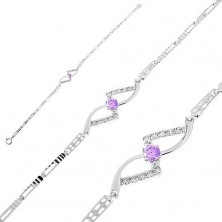 925 silver bracelet, angular links with notches, wave, clear lines, violet zircon