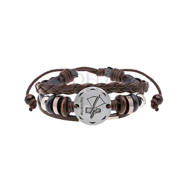 Multibracelet made of brown synthetic leather - beads, circle in silver colour, SAGITTARIUS