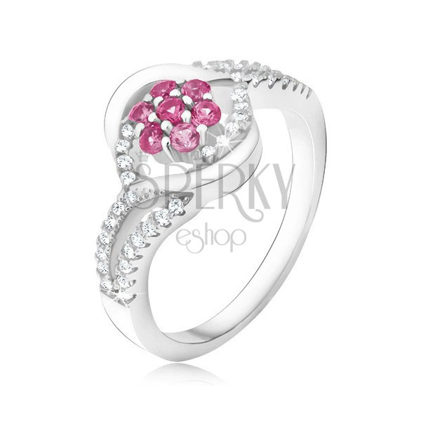 Ring made of 925 silver, zircon flower in light pink colour, wavy shoulders