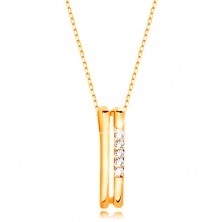 Necklace made of yellow 14K gold - two thin vertical strips, line of clear zircons