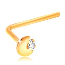 Bent nose piercing made of yellow 14K gold, crescent moon, clear zircon
