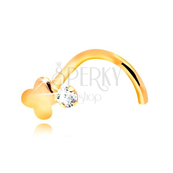 Bent nose piercing, yellow 14K gold, clear zircon and shiny cross