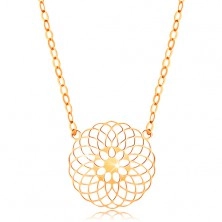 Necklace made of yellow 14K gold - round cutout flower, shiny chain