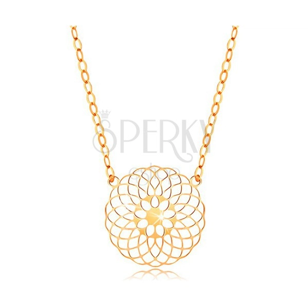 Necklace made of yellow 14K gold - round cutout flower, shiny chain