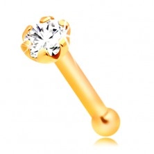 Nose piercing made of yellow 14K gold - straight shape, clear round zircon, 1,5 mm