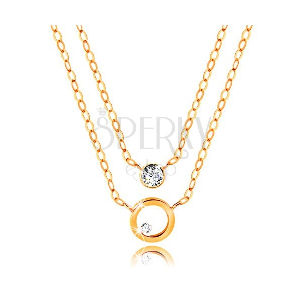 Necklace made of yellow 14K gold - double chain, hoop and clear zircon