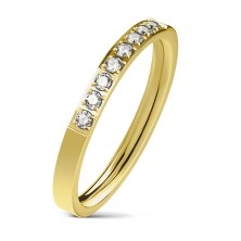 Steel ring in gold colour, line of clear zircons, shiny surface, 2,5 mm
