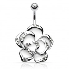Bellybutton piercing, surgical steel, white rose with clear zircons