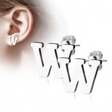 Steel earrings in silver hue - capital letter W, high gloss