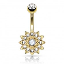 Bellybutton piercing made of surgical steel, glossy zircon flower