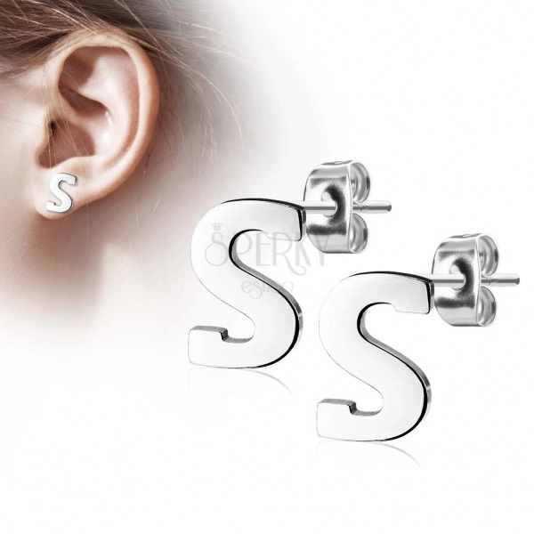 Steel earrings in silver hue - big capital letter S, high gloss