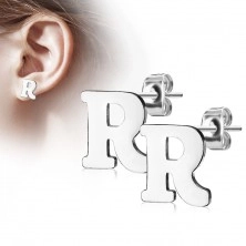 Stud earrings made of 316L steel - big capital letter R, silver colour