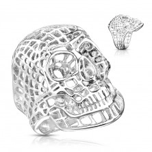 Massive steel ring in silver hue, netlike skull