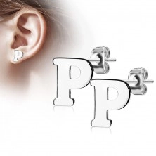 Steel earrings in silver colour - capital letter P, high gloss