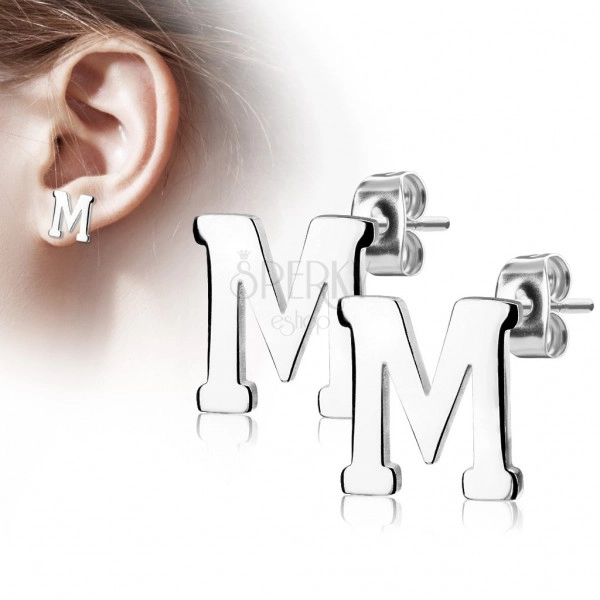 Stud earrings made of 316L steel - capital letter M, silver colour