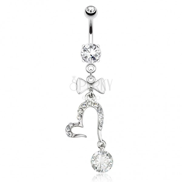 Bellybutton piercing, surgical steel, bow, heart contour, clear zircons
