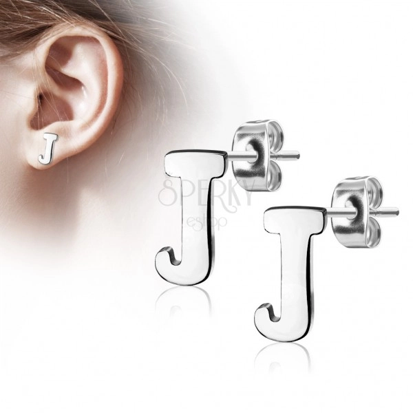 Steel earrings in silver hue - capital letter J, high gloss