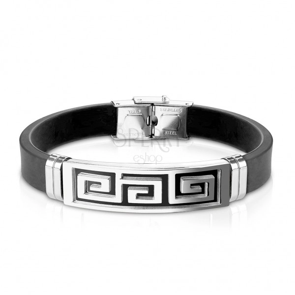 Steel-rubber bracelet, tag with Greek key in black colour