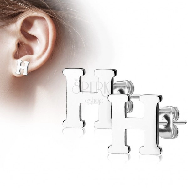 Steel earrings in silver colour - capital letter H, high gloss