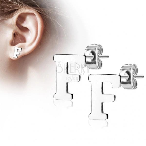 Steel earrings in silver hue - capital letter F, high gloss