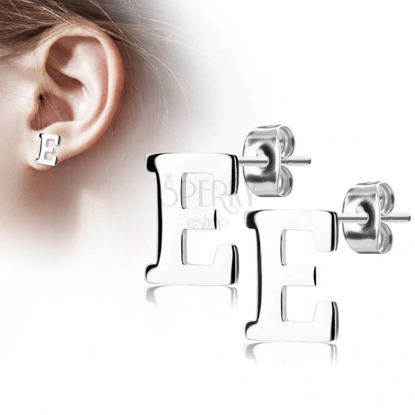 Stud earrings made of 316L steel - capital letter E, silver colour