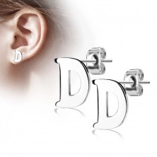 Steel earrings in silver colour - capital letter D, high gloss
