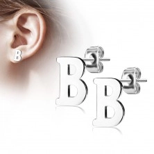 Steel earrings in silver hue - capital letter B, high gloss