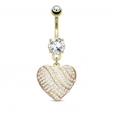 Steel bellybutton piercing, sparkly heart inlaid with clear zircons