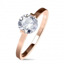 Steel engagement ring in copper colour, round clear zircon, shiny shoulders