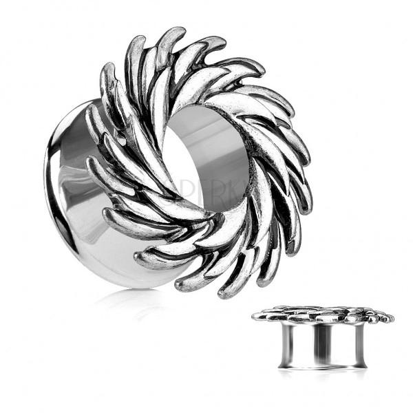 Steel ear tunnel, silver colour, swirl composed of pointed spikes