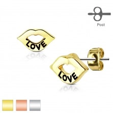 Earrings made of surgical steel, shiny lips with LOVE inscription, studs