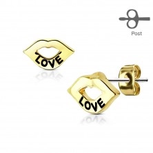 Earrings made of surgical steel, shiny lips with LOVE inscription, studs