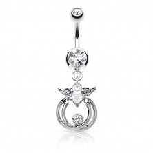 Bellybutton piercing made of surgical steel, winged zircon heart, hoops