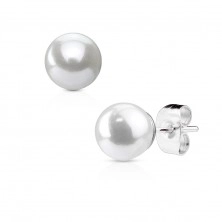 Steel earrings in silver colour with synthetic white pearl
