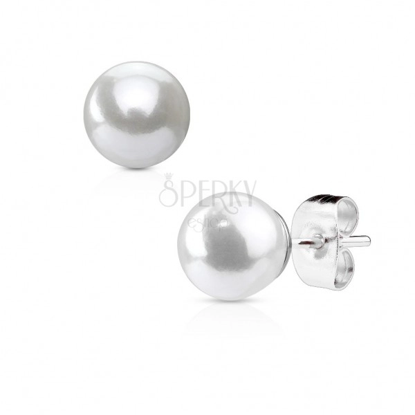 Steel earrings in silver colour with synthetic white pearl