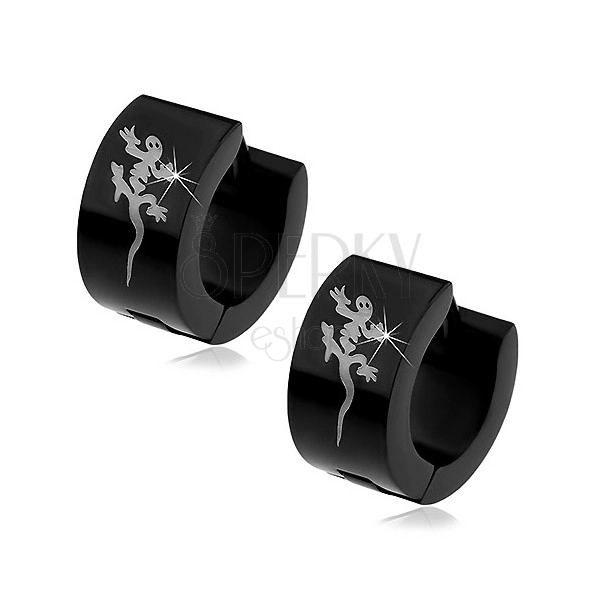 Steel black earrings with lizard in silver colour