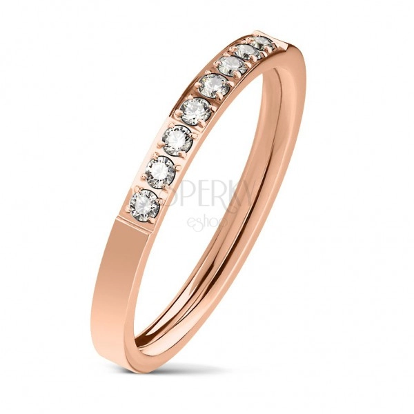 Steel ring in copper colour, line of clear zircons, shiny surface, 2,5 mm