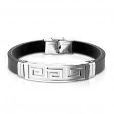 Bracelet made of black rubber, steel tag with Greek key in silver colour