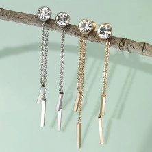 Steel earrings, stud with clear zircon and two chains