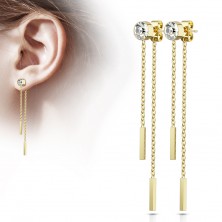 Steel earrings, stud with clear zircon and two chains