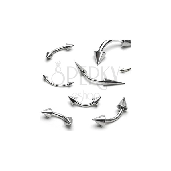 Steel piercing in silver colour, bent barbell ending in two cones